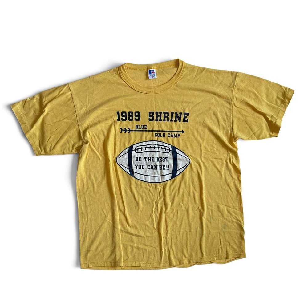 Vintage 1989 Shrine Blue Gold Football Camp T-Shirt XL Made USA Single-Stitch